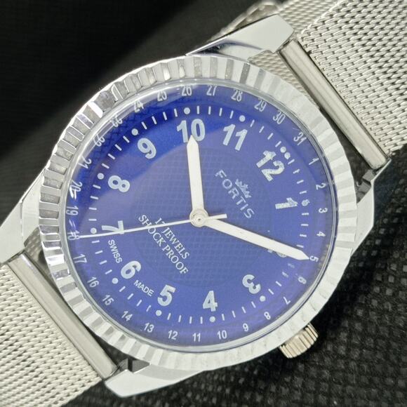 Vintage 1984 Fortis Manual Mens Silver Watch W/Metal Strap & Blue accents - Picture 1 of 8